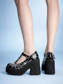 Sugerpunk Women Shoes Fashion Slope Heel Platform Shoes, Punk Style Gothic Street Style Round Toe Thick Sole Embroidery Thread Spider Web Buckle Design - matt carbon black - View 6
