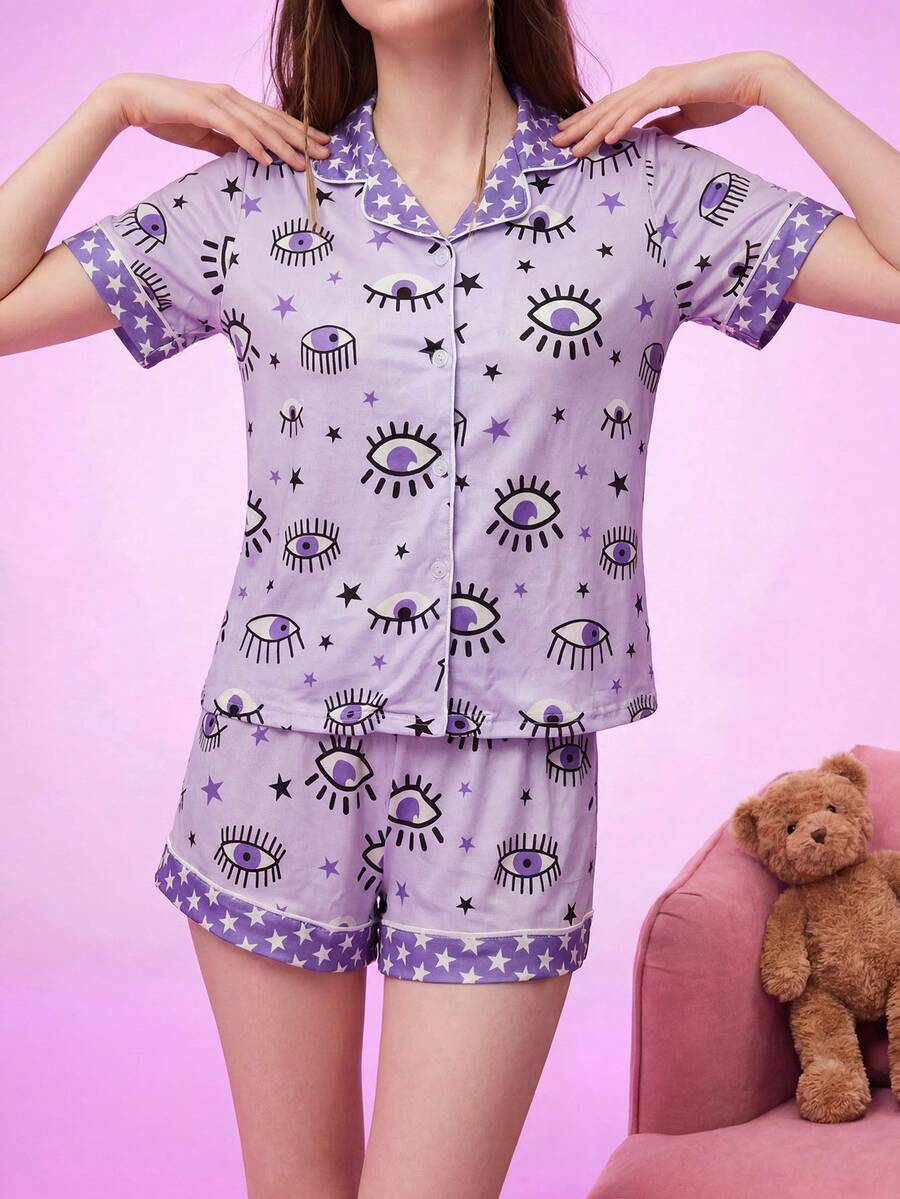 Notgurli Women's Fun Print Open Front Short Sleeve Shorts Pajama Loungewear Set - Multicolor - View 1