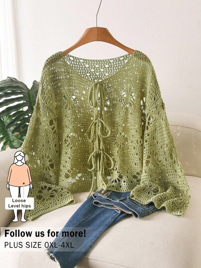 CosyJoli Plus Size Solid Color Hollow Knit Tie-Front Sweater For Vacation Casual Wear Fall/Winter
