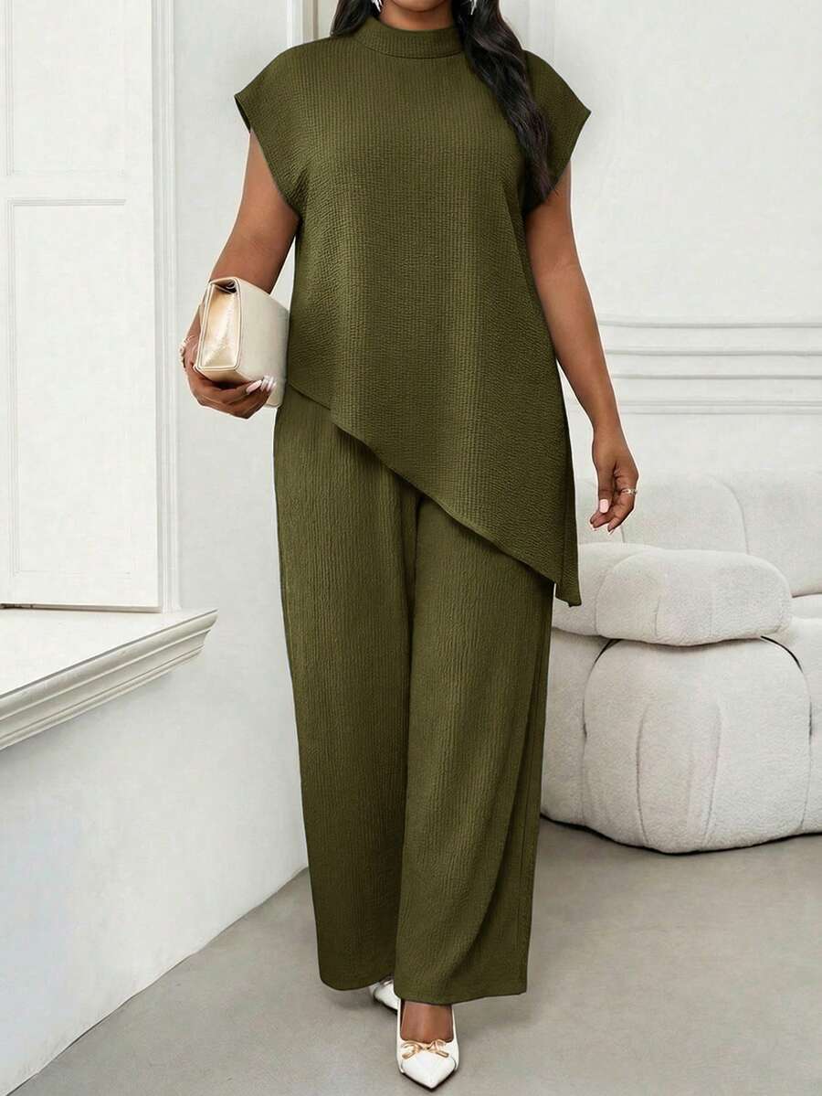 SHEIN Lady 大尺碼女款純色不對稱下擺上衣 - 軍綠色 - 查看 1