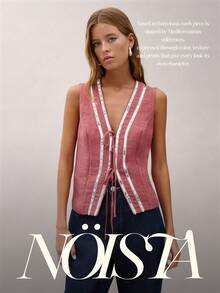 Nöista Blusa sin mangas en rosa empolvado con escote en V profundo y cierres con lazo, detalles decorativos de lentejuelas plateadas. Primavera Verano Vacaciones. Lujo para salir, boda, fiesta, festival, vacaciones, verano - Rosa coral - Ver 7
