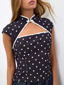 Nöista Áo crop top cổ tàu họa tiết chấm bi dáng ôm cho mùa hè, phong cách đi du lịch và thường ngày thanh lịch - Màu tím - Xem 2