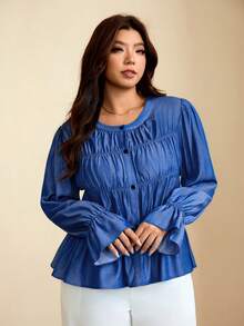 Edennvi Blus Wanita Ukuran Besar dengan Kerah Bulat dan Ruffle Berlapis-lapis, Kancing Depan, Lengan Panjang Mengembang, Potongan Pendek di Pinggang, Atasan Kasual Warna Biru Tua untuk Kantor Formal Musim Gugur - Biru - View 4