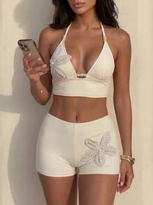 Sunnyshic Summer 2pcs Solid Color Thin Strap Tank Top And Hipster Panty Set, Elegant Sexy Women's Outfit Beach White - Apricot - View 3
