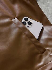 AXEPEAK Men's Solid Color PU Leather Fashion Versatile Daily Casual Jacket - Brown - View 7