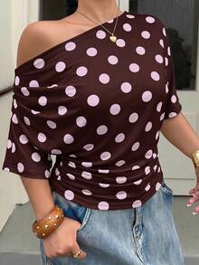 Muchica Brown Polka Dot Asymmetric Collar Plus Size T-Shirt For Women - Brown - View 3