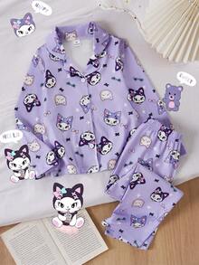 SHEIN Conjunto de ropa de estar en casa para niñas con estampado de gato oscuro púrpura, lindo y dulce, con abertura frontal, manga larga y pantalones, de tela suave y cómoda, regalo perfecto para niñas - Morado - Ver 3