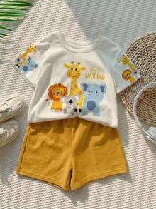 Baby Boy Casual Simple Cartoon Print Round Neck Short Sleeve T-Shirt And Shorts 2pcs Set Suitable For Summer Casaul Versatile - Multicolor - View 4