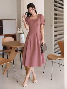 DAZY Women Solid Color Asymmetric Square Neck Long Casual Dress, Suitable For Office Wear SunDress - Pink - View 4