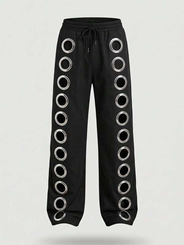 FeverCity Pantalon de mode pour hommes avec décoration métallique ajourée