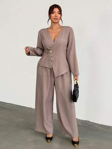 Firerie Plus Size Women's Elegant Metal Button Design Long Sleeve Shirt And Pants Set - Khaki - View 3