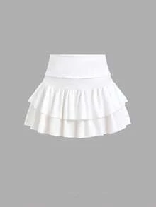 SHEIN Tween少女夏季白色荷葉邊蛋糕裙 白色裙子 優雅甜美極簡基本款 - 白色 - 查看 4