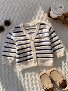SHEIN Unisex Baby Jungen/Mädchen Baby Jungen Herbst/Winter Lässig Süß Gestreifter Strick Cardigan Pullover Jacke, Baby Jungen Herbst/Winter Kleidung, Weich, Vintage - Blau-Weiß - Übersicht 6