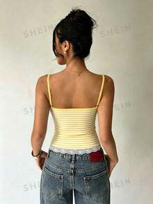 Aloruh Women's Sexy Y2K Lace Patchwork Striped Camisole - Yellow - View 2