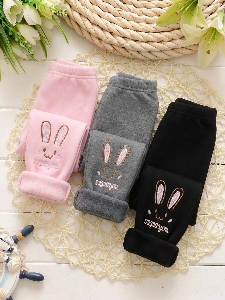 SHEIN 女嬰可愛休閒針織多用途純色刺繡卡通圖案鬆緊腰長褲三件套 - 彩色 - 查看 1