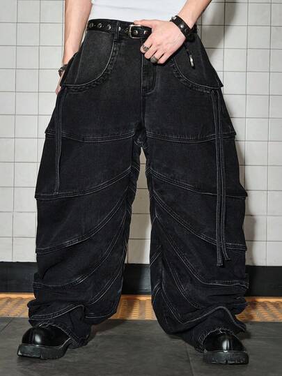 ROMWE MEN Men's Structured Asymmetric Pocket Loose Casual Denim Jeans