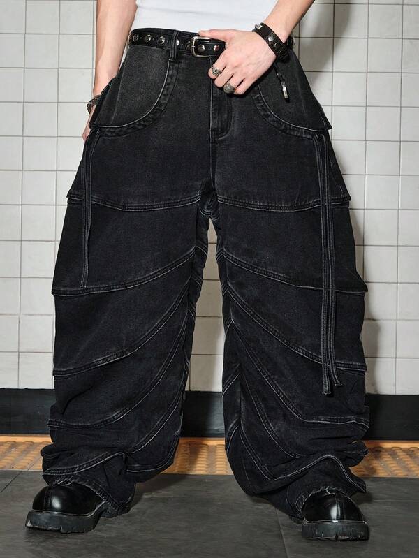 ROMWE MEN Men's Structured Asymmetric Pocket Loose Casual Denim Jeans