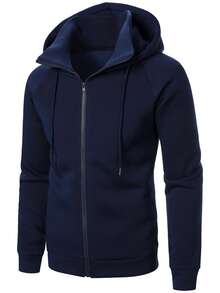 Manfinity Homme Men's Solid Color Raglan Long Sleeve Zip-Up Hooded Sweatshirt With Drawstring - Navy Blue - View 5