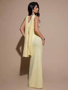 SHEIN BAE Women's Autumn/Winter Pure Cotton Yellow Cream Pale Yellow Asymmetrical Shoulder Ruched Bodycon Fitted Mesh Sexy Elegant Dress, Party Cocktail Wedding Bridesmaid Birthday Dress, Casual Outing Brunch Dress - Light Yellow - View 2