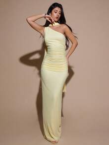 SHEIN BAE Women's Autumn/Winter Pure Cotton Yellow Cream Pale Yellow Asymmetrical Shoulder Ruched Bodycon Fitted Mesh Sexy Elegant Dress, Party Cocktail Wedding Bridesmaid Birthday Dress, Casual Outing Brunch Dress - Light Yellow - View 5