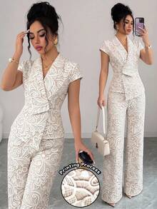 Elenzga Women's Apricot Print V-Neck Design Top + Elastic Waist Wide Leg Long Pants Set, High-End Elegant Elegant, Birthday Gift, Date, Party, Valentine's Day, Carnival, Music Festival, Cocktail Party, High Aura Outfit, Travel, Vacation, Street Photography, Atmospheric Outfit, Summer Clothing, Summer Top, Summer Long Pants, Summer New Essential, Fashion Versatile, Women's Elegant Niche Design Two Pieces Set - Apricot - View 1