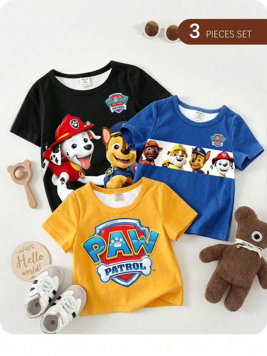 SHEIN | PAW Patrol 男嬰休閒簡約上衣,適合夏季,經典勇敢系列,可愛卡通圖案印花,Chase、Rubble、Brave圖案印花款 - 彩色 - View 1