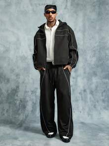 INCRYTM Young Men's Streetwear Black Winter Basic Dress Loose Casual Sweatpants,Elastic Waist Wide Leg Pants With Strap Divider Design For Daily Leisure - Black - View 6
