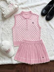 Comfortcana Plus Size Women's Tennis Style Checkerboard Knit Tank Top And Pleated Knit Skirt Set Fall - Pink - View 5