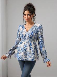 Momance Maternity Floral Print V-Neck Flare Sleeve Elegant Blouse Fall - Blue - View 4