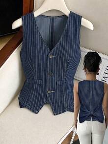 SHEIN Privé Áo vest denim nữ kẻ sọc cài nút đơn phong cách thường ngày - Màu xanh lam - Xem 1