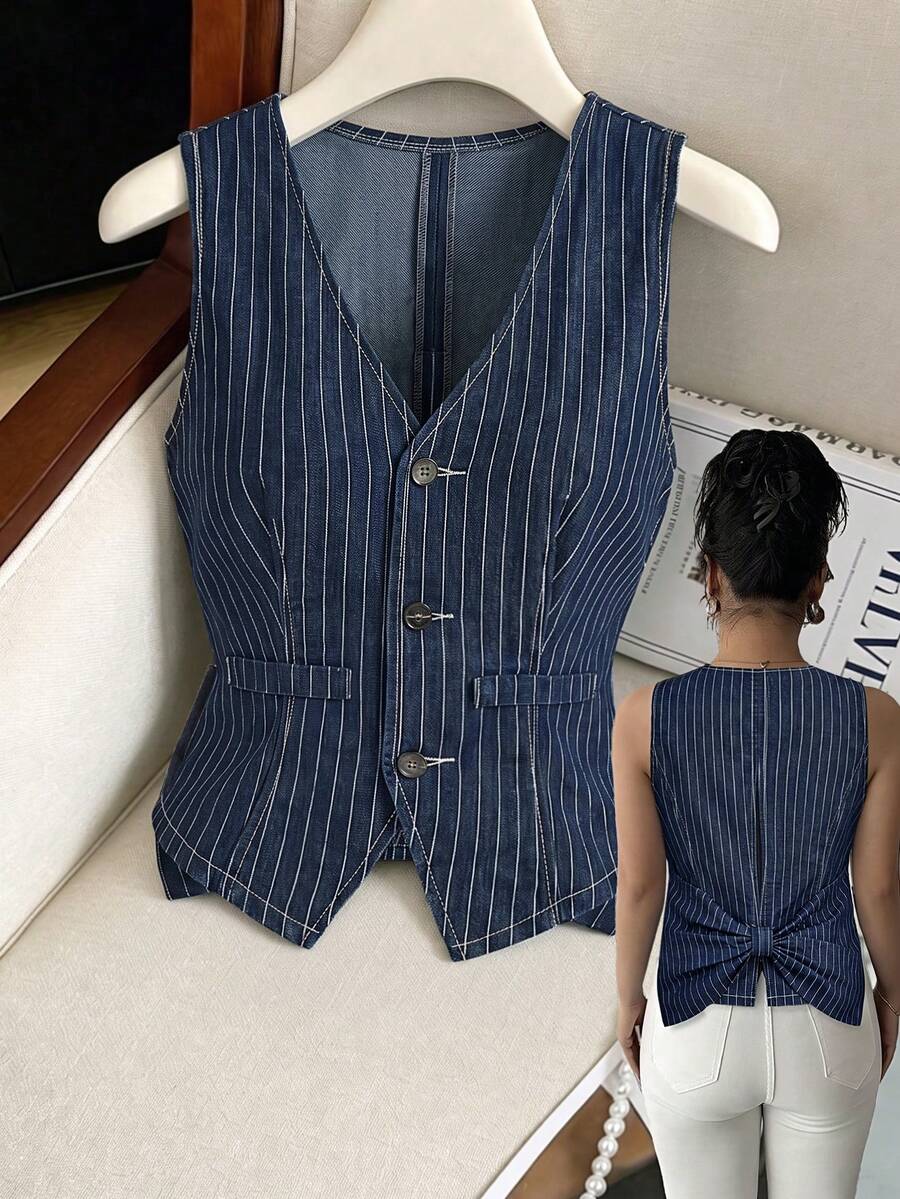 SHEIN Privé Áo vest denim nữ kẻ sọc cài nút đơn phong cách thường ngày - Màu xanh lam - Xem 1