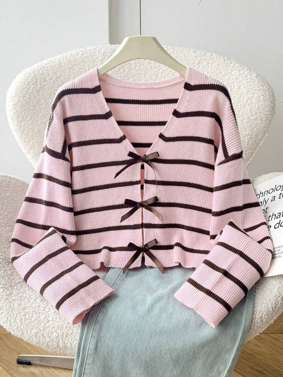 SHEIN Tween Girl Tween Girls Cardigans Autumn New Pink & Brown Striped Front Bow Decor V-Neck Knit Sweater - Pink - View 1