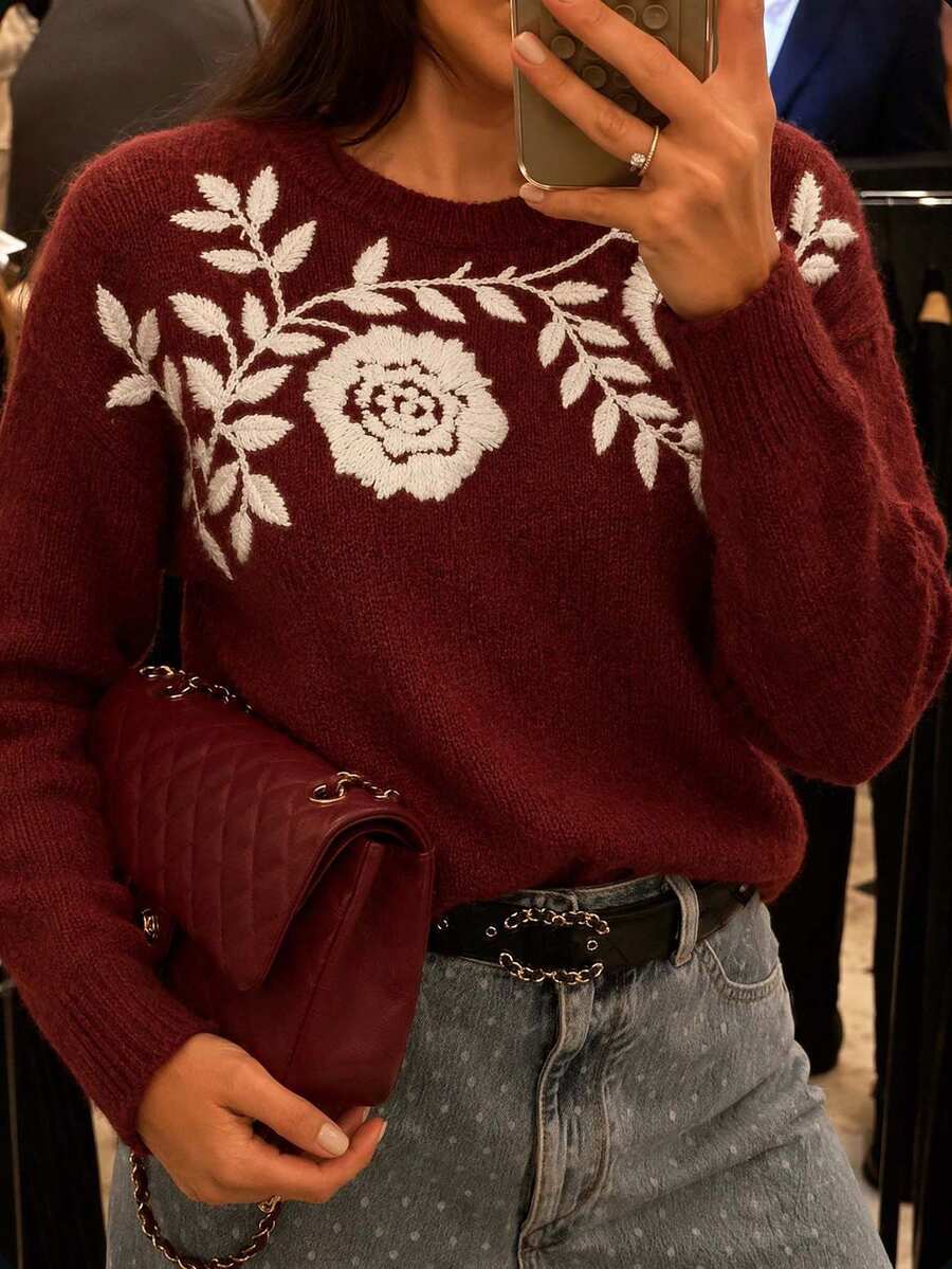 Travachic 大尺碼女款花卉刺繡圖案休閒百搭秋冬長袖針織衫 - 酒紅色 - 查看 1