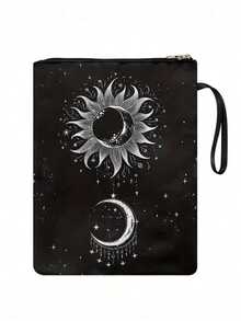 Canvas Book Cover With Sun And Moon Design, Classic Style Zipper Book Cover With Front Pocket, Washable Book Protector For Women - Bookworm Club Accessory Gift Back To School,Back To School,School Supplies - multicolor - View 2