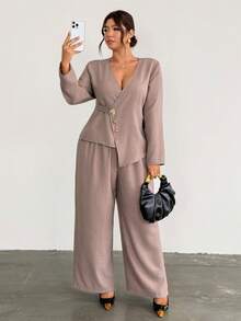 Firerie Plus Size Women's Elegant Metal Button Design Long Sleeve Shirt And Pants Set - Khaki - View 5
