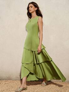 BELROSIE Elegant Sophisticated Solid Color Satin Sleeveless Ruffle Hem Layered Tiered Dress For Women - Green - View 4