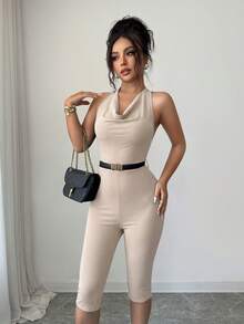 SHEIN Clasi 女款素色休閒性感優雅日常穿搭掛脖連身褲 約會之夜 外出穿著 米色 夏季 - 杏色 - 查看 6