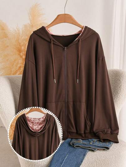 CosyJoli Plus Size Minimalist Zipper Pocket Long Sleeve Sweatshirt Fall