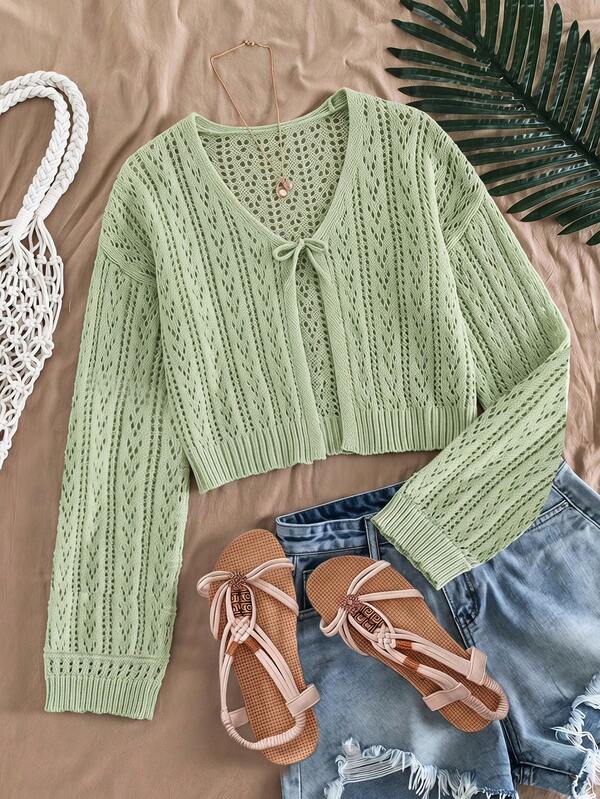 SHEIN Tween Girls Fashion Casual Solid Color Hollow Knit Cardigan
