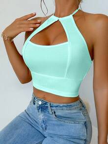 BamGleam Women Sleeveless Solid Color Spaghetti Strap Backless Hollow Ribbed Cropped Tank Top - Baby Blue - View 3