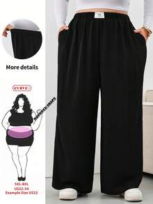 SHEIN CURVE+ Plus Size Women's Plaid Pants, Black And Red Elastic Waist Pocket Wide Leg Casual 90s Loose Curve Plus Hoho Holiday Brunch Office Autumn Fall,Hallowee - Black - View 7