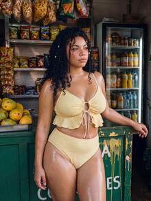 Swim Vcay 2026 New Summer Sweet Design Polka Dot Ruffle Casual Vacation Women Plus Size Swimwear Set - Yellow - View 4