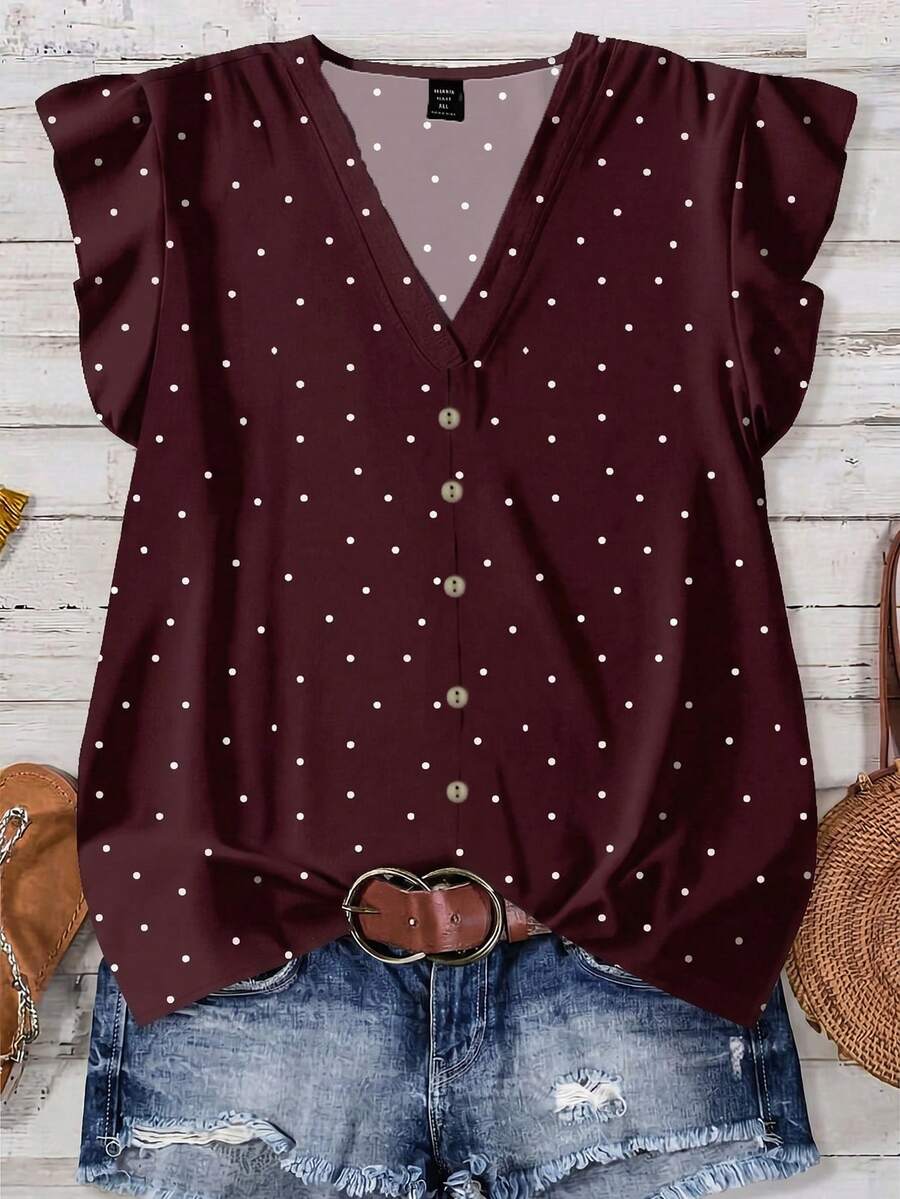SHEIN LUNE Plus Size Casual Minimalist Polka Dot Print V-Neck Shirt, Suitable For Summer Fall - Burgundy - View 1