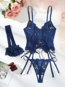 SHEIN 浪漫蕾絲女款性感內衣套裝 3件組 - 藏蓝色 - 查看 4