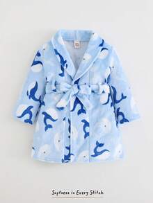 Cozy Pixies Baby Boy Baby Boy Dolphin Whale Pattern Thermal Lined Thick Long Sleeve Tie-Up Lapel Plush Robe Bathrobe Cover-Up, Suitable For Indoor And Outdoor Use In Autumn And Winter - Multicolor - View 8