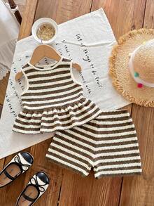 Conjunto de 2 piezas de top de tirantes de cuello redondo a rayas de punto y pantalones cortos para bebé niña - Marrón Mocha - Ver 7