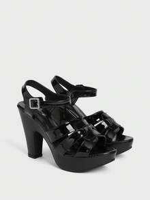 Sugerpunk Ladies Black High Heel Platform Round Toe Summer Dark Punk Sandals - Black - View 3