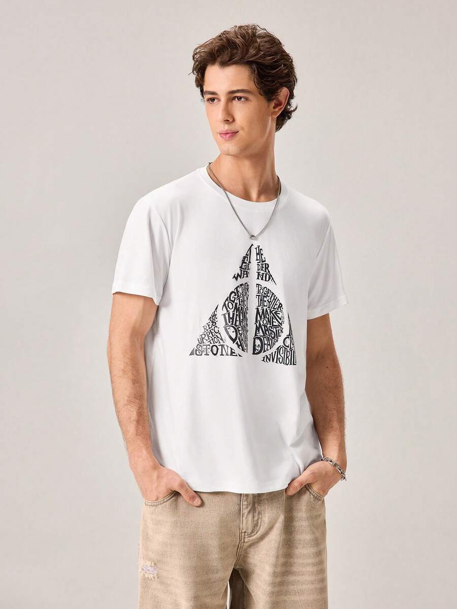 Strevion Harry Potter 男士简约哈利波特黑色三角形Logo印花圆领短袖T恤,夏季款 - 白色 - 查看 1