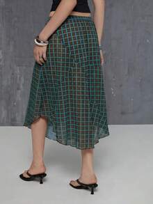 COUREZ Low Rise Mesh Check Midi Skirt/ Y2K Summer Outfits For Women Outfits Skirts Long Skirts Going Out Outfits For Women Rave Club Fall Clothes Flowy Skirt - Coffee Brown - View 3