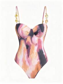 Swim Oasis 女款純色淺粉色鋼圈一件式泳衣，可拆式細肩帶、硬杯、側褶皺網紗裙，3件套 - 棕色 - 查看 4